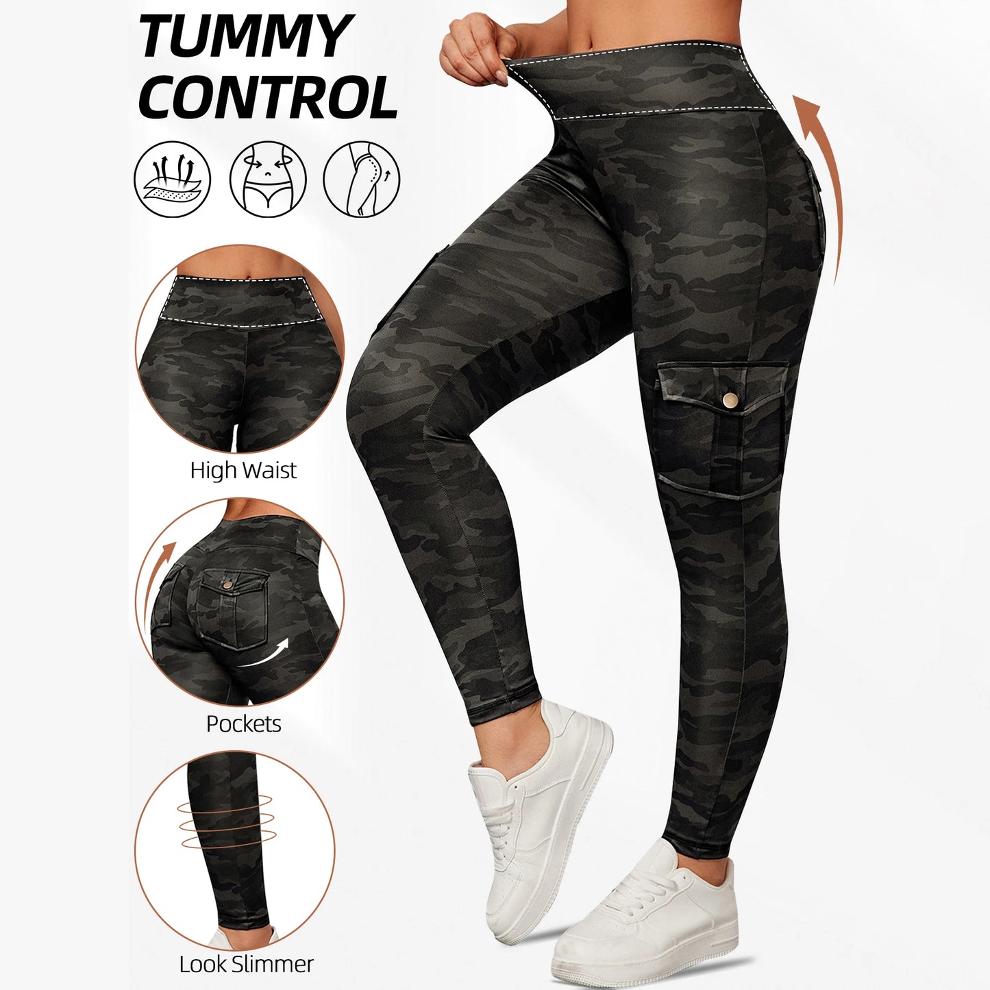 Camouflage Printed Women's Leggings With Pocket Sports Cargo Pants High Waist Slim Fit Tight Pants