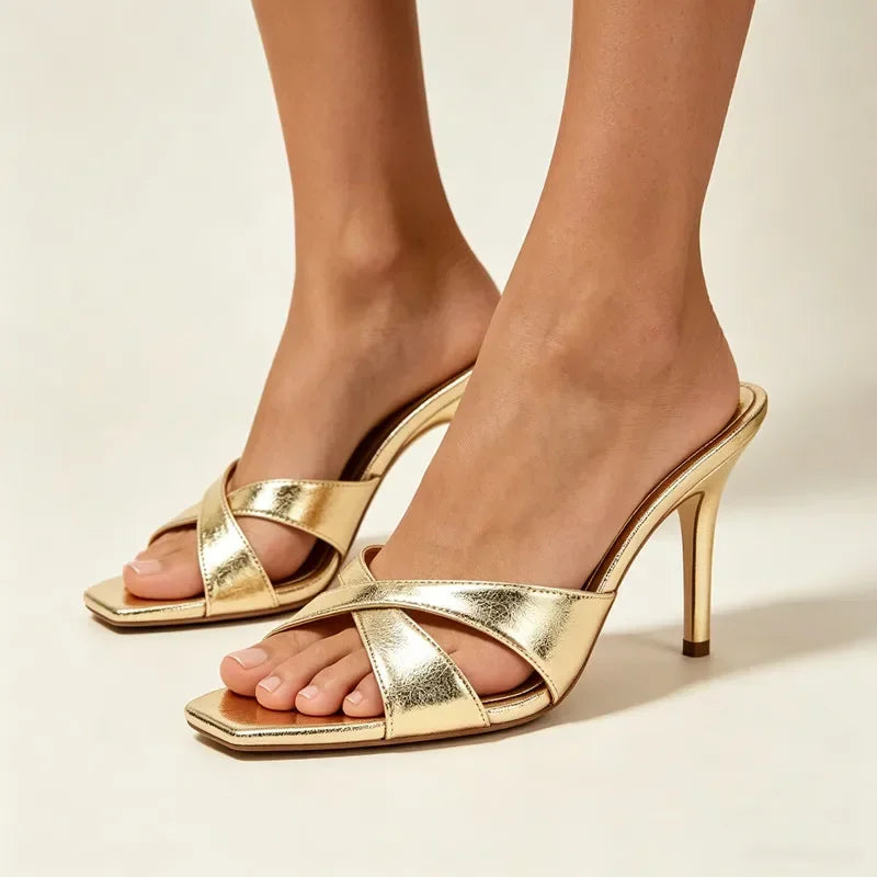 Fashion Gold Cross Tied Stiletto Slingback Sandals for Women Sexy Square Toe Open Toe Slide Sandals Luxury Brand Designer Shoes