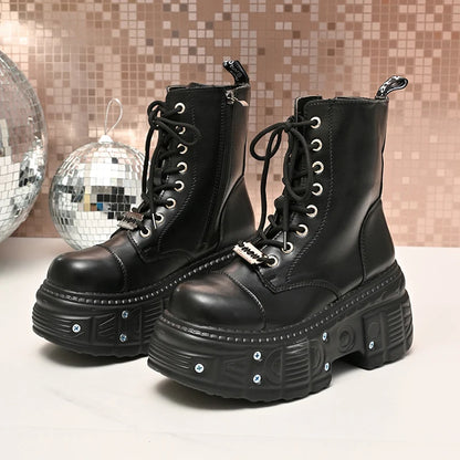 Chunky Platform Punk Ankle Boots Women Thick Bottom Metal Rivet Combat Booties Woman Autumn Winter Black PU Leather Botas Mujer