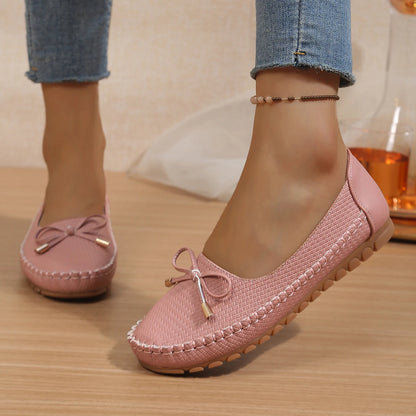 Goreyodoly Womens Casual Slip On Flats Woven Pattern Bow Breathable Lightweight Comfortable Daily Walking Shoes