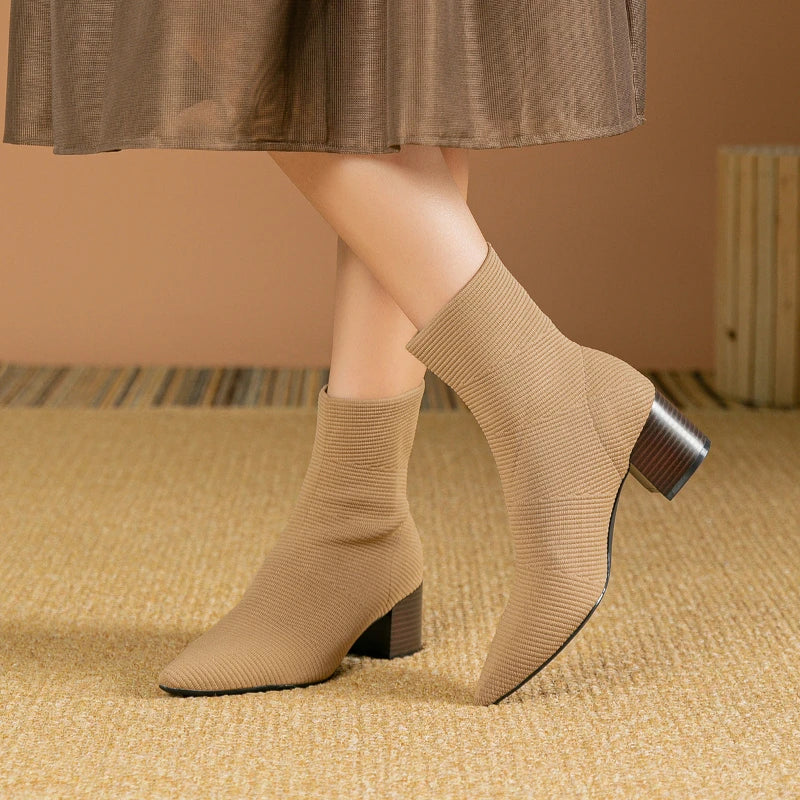 Black Square Toe Knit Sock Boots Elastic Slim Thick Block Heel High Heels Short Boots Fashion Autumn Casual Skinny Ankle Boots