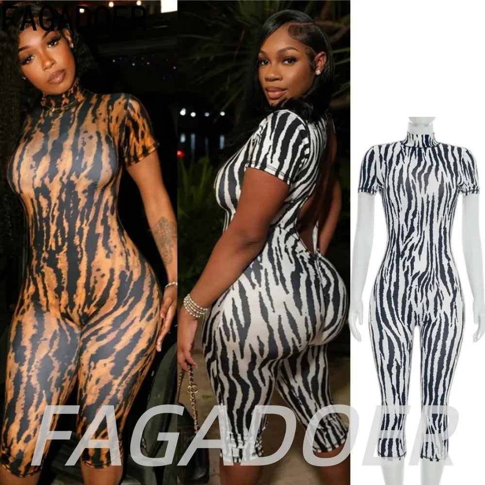 FAGADOER Fashion Zebra Pattern Bodycon Rompers Summer Sexy High Neck Back Hollow Out Jumpsuits Streetwear Party Club Playsuits