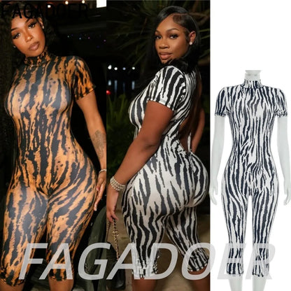 FAGADOER Fashion Zebra Pattern Bodycon Rompers Summer Sexy High Neck Back Hollow Out Jumpsuits Streetwear Party Club Playsuits