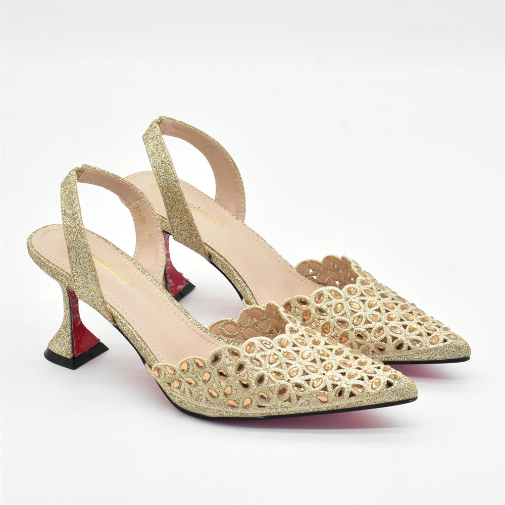 Gold Shoes and Bags Set for Women Ladies Shoe and Bag Set Latest Designers Pointed Toe Shoes Sexy Wedding Party Sandals