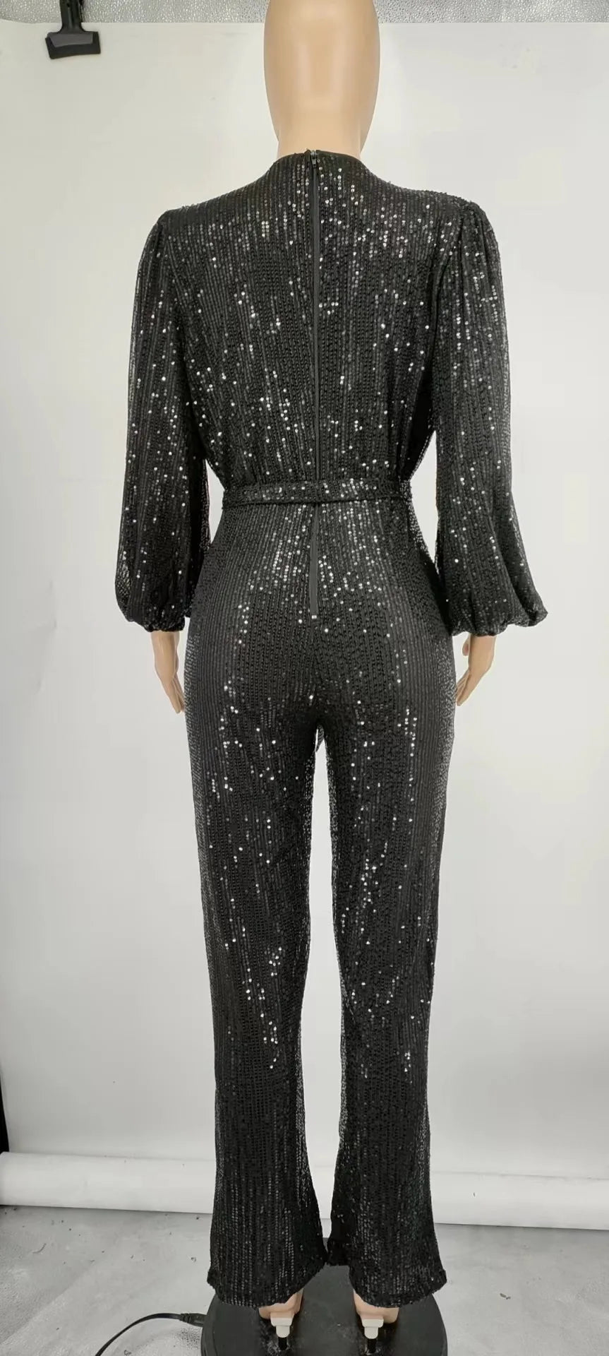 2026 Women's Elegant Sequined Jumpsuit Spring Summer Ladies Bling Bling V-neck High Waist Rompers Overalls with Lantern Sleeve