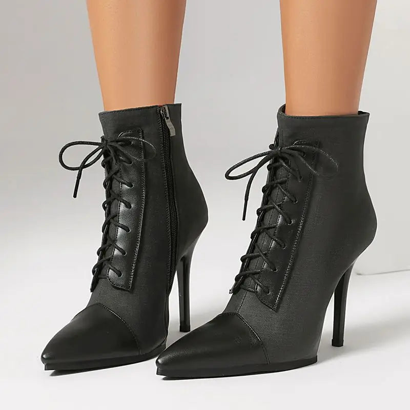 ANOVISHANA Elegant Fmeale Ankle Boots Pointed Toe 11cm Thin High Heels Zipper Lace Up Mixed Color Large Size 40 41 Short Autumn