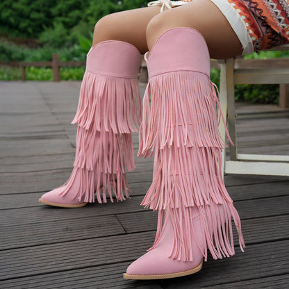 Women Boots Tassel Pointed Toe Thin Heels Women's Boots Suede Multi Fringe Knee High Boots Street-Style Party Fashion Shoes