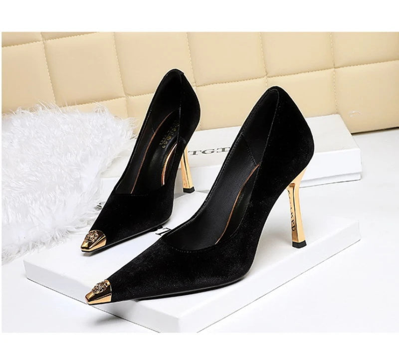 Women Peach Pink Velvet Metal Capped Pointed Toe Pumps Gold Trapezoid Thin High Heels Gentle Retro Luxury Date Banquet Ladies