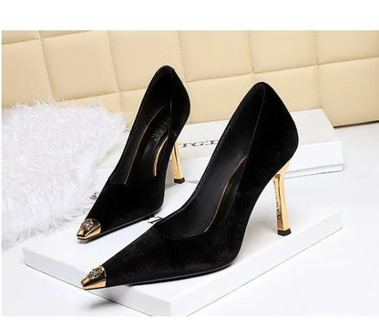 Women Peach Pink Velvet Metal Capped Pointed Toe Pumps Gold Trapezoid Thin High Heels Gentle Retro Luxury Date Banquet Ladies