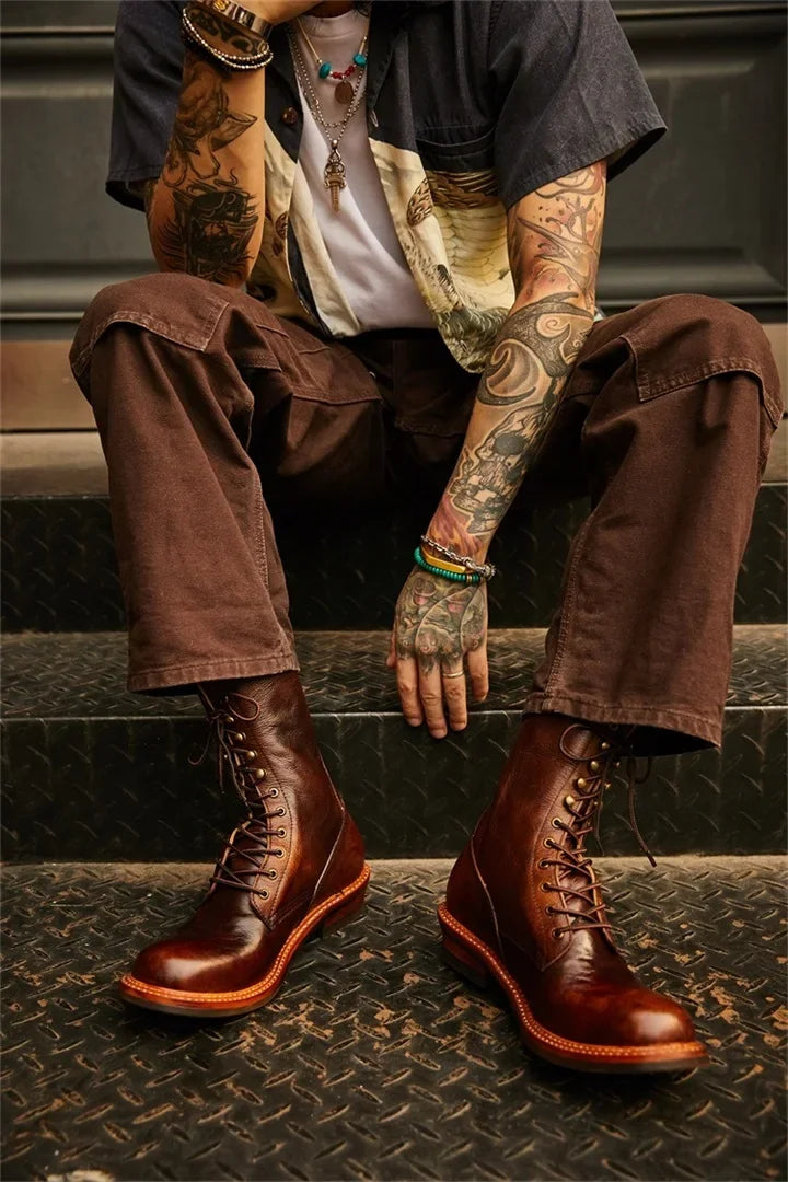 Men's Retro Brown Big Head Work Leather Riding Men's Boots High Top Long Barrel Motorcycle Leather Men's Shoes