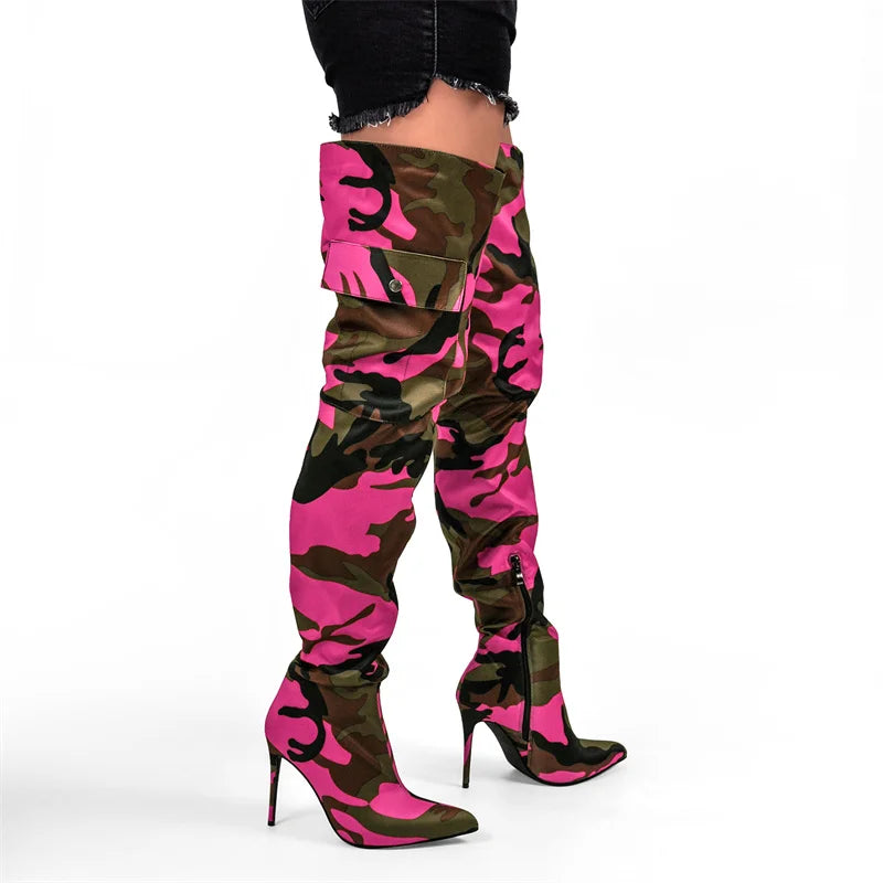 Onlymaker Womens Mixed Colors  CamouflageOver The Knee Boots Thin Heel Pointy Colorful Print  Thigh High Boots