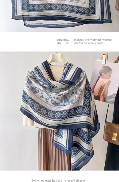 Sun Protection Silk Scarf Women's Retro Ethnic Style Cotton Linen Beach Holiday Wrap Shawl Outerwear Geometric Print Korean S...