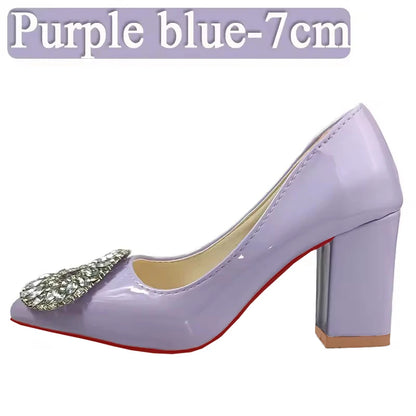 Aphixta Bing Big Crystals Round Buckle 7cm Chunky Heels Pumps Women Shoes Dark Green Fashion and Leisure Pointed Toe Pumps
