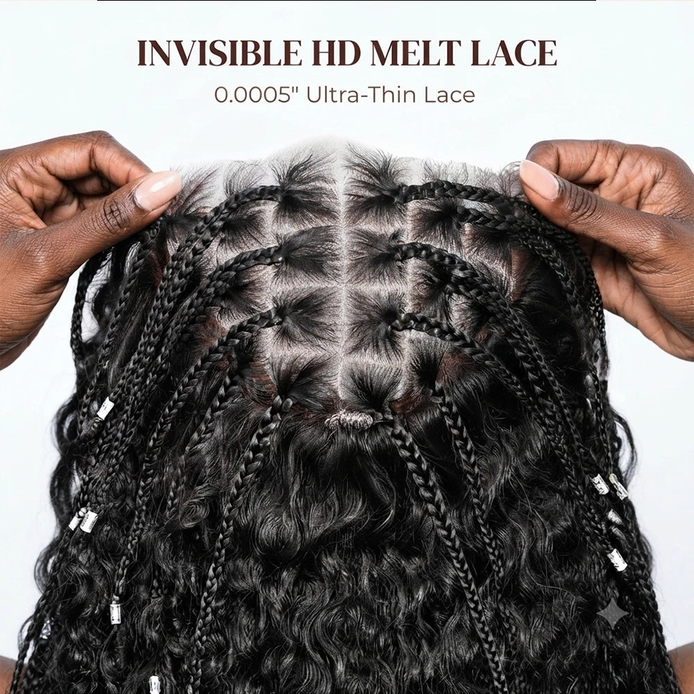 Glueless Knotless Braided Wigs Water Wave 13x6 HD Lace Human Hair Frontal Wigs Pull Go Gluless Wigs Human Hair With Drawstring