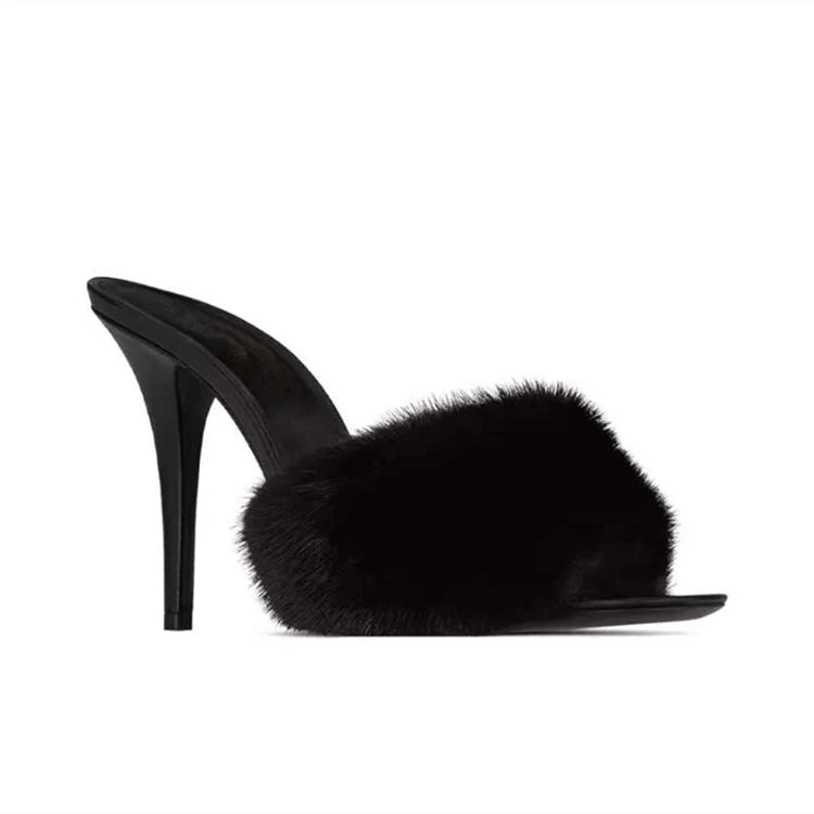 Mink fur high heels for women, slim heels, summer new style, open toe slippers, sexy fish mouth leather party sandals for women