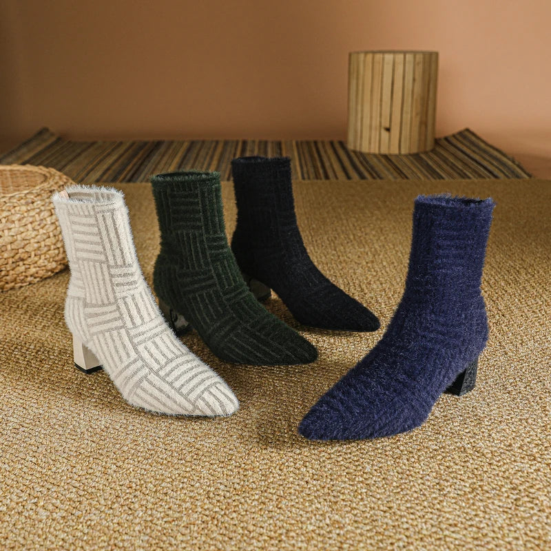 Black Square Toe Knit Sock Boots Elastic Slim Thick Block Heel High Heels Short Boots Fashion Autumn Casual Skinny Ankle Boots