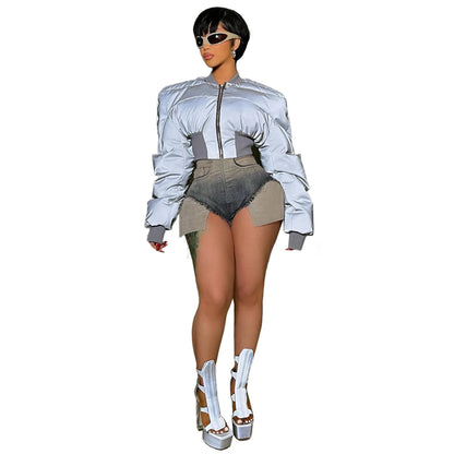 Autumn Winter Cotton Jacket Women's Fashion Round Neck Long-sleeved Zipper Drawstring Waist Warm Casual Reflective Cotton Jacket
