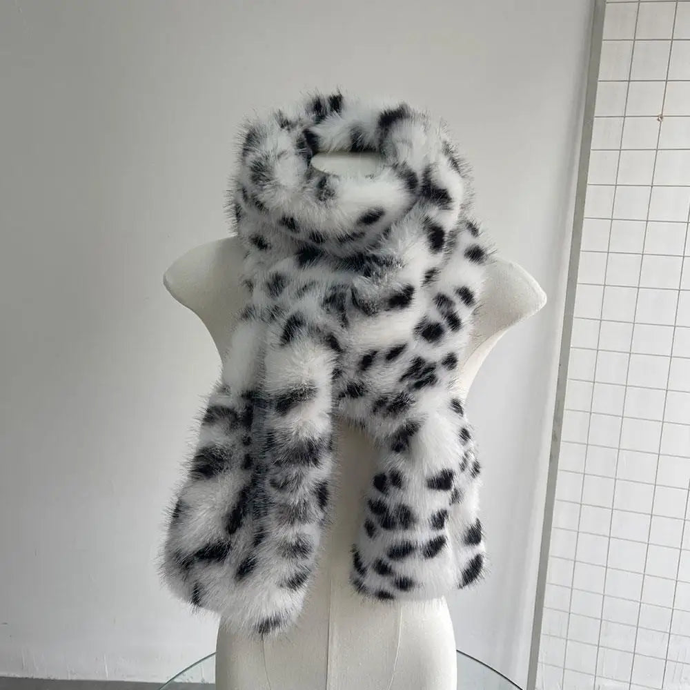 Korean Leopard Print Long Fur Scarfs Winter Y2K Vintage Warm Plush Scarf Fashion Thickened Lengthened Faux Fur Shawl Streetwear
