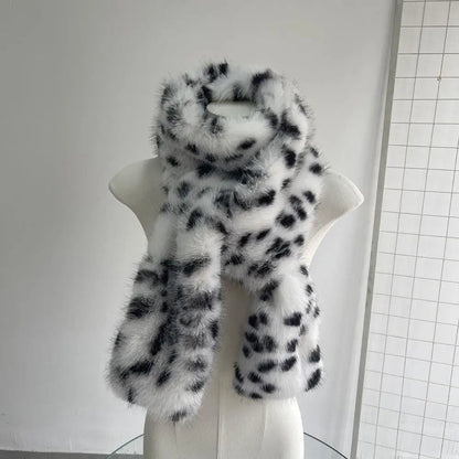 Korean Leopard Print Long Fur Scarfs Winter Y2K Vintage Warm Plush Scarf Fashion Thickened Lengthened Faux Fur Shawl Streetwear