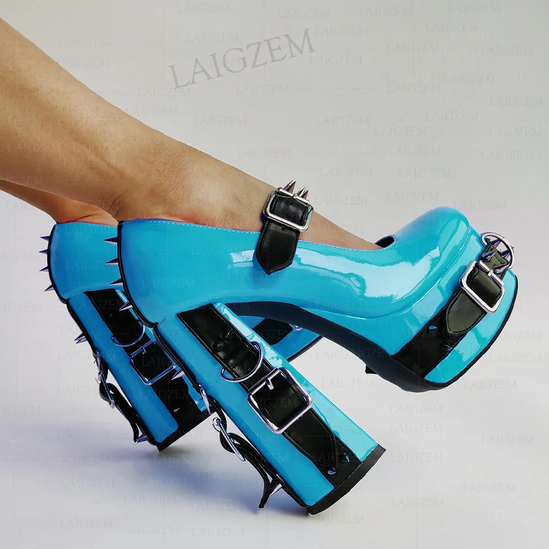 LAIGZEM Women Pumps Punk Rivets Patchwork Platform Cosplay Gothic Sandals Handmade Buckle Straps Shoes Woman Big Size 39 43 52