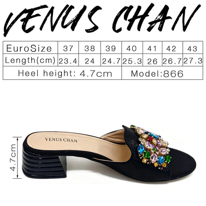 Women Luxury Multicolor Rhinestone Blue Heel Mules Black Satin Open Toe Slip On Sandals Elegant Wedding Evening Party Designer