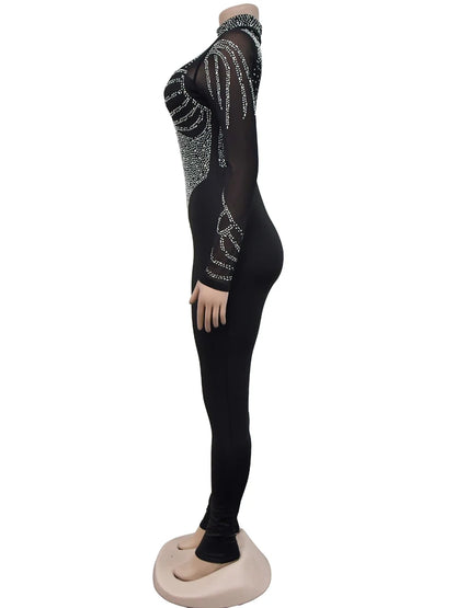 Beyprern Women's Sheer Mesh Crystal Jumpsuits One Piece Outfits Glam Fitted Long Sleeve Pearls Rhinestone Rompers Club Overalls