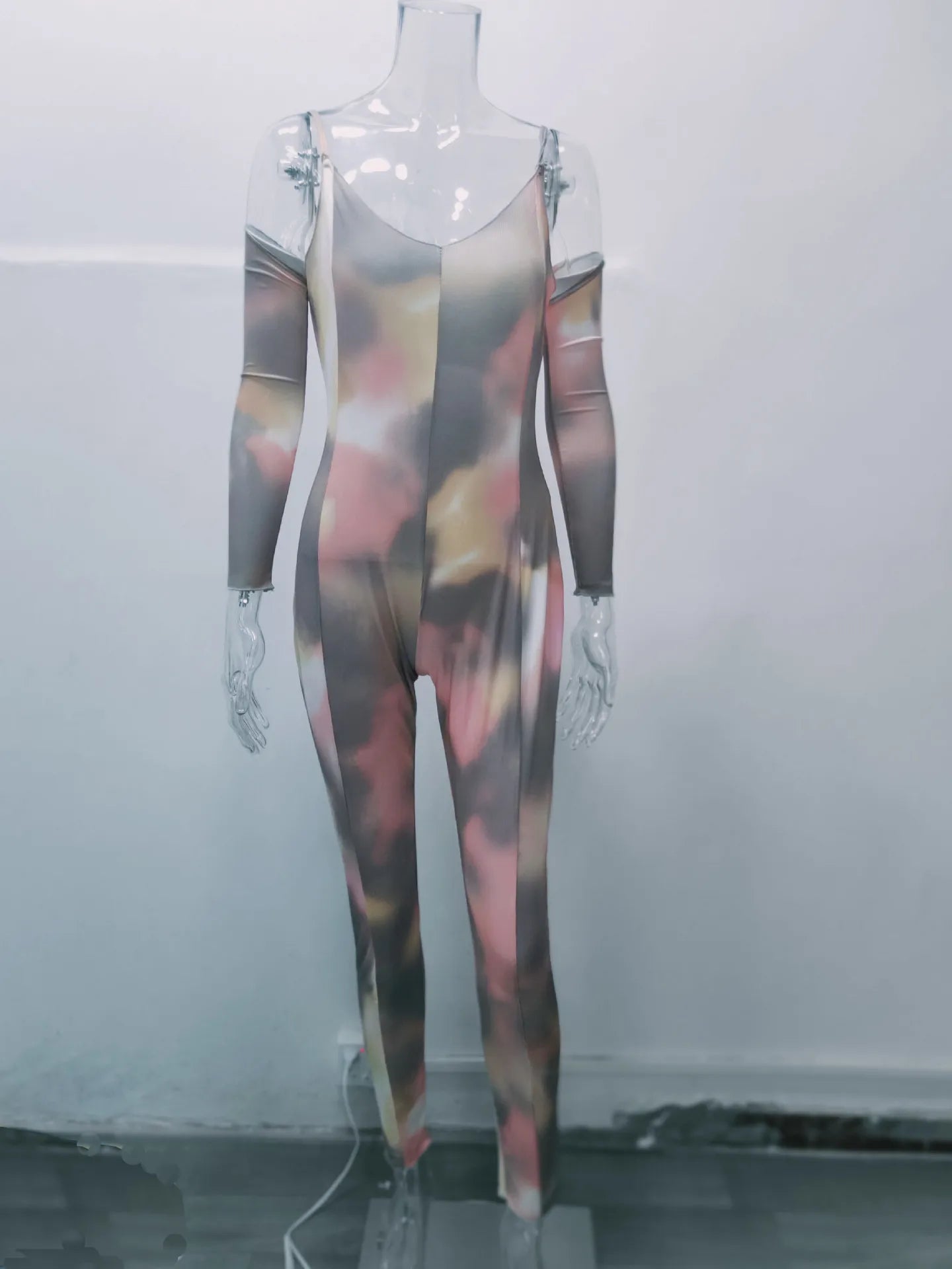 Foreign trade tie-dye print deep V-neck sexy camisole long-sleeved jumpsuit for women