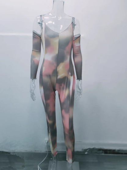 Foreign trade tie-dye print deep V-neck sexy camisole long-sleeved jumpsuit for women