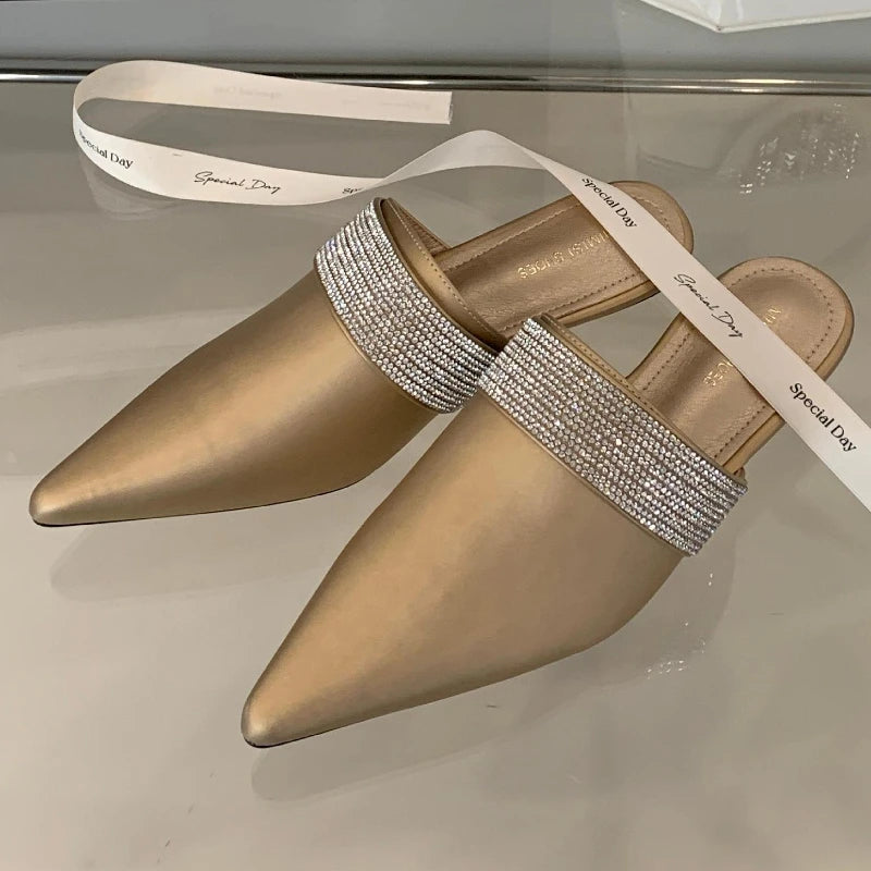 Pointy Toe Mules Women Slides Sandals Luxury Rhinestones Dress Shoes Summer 2025 Low Heel Gold Designer Slippers Ladies Pumps
