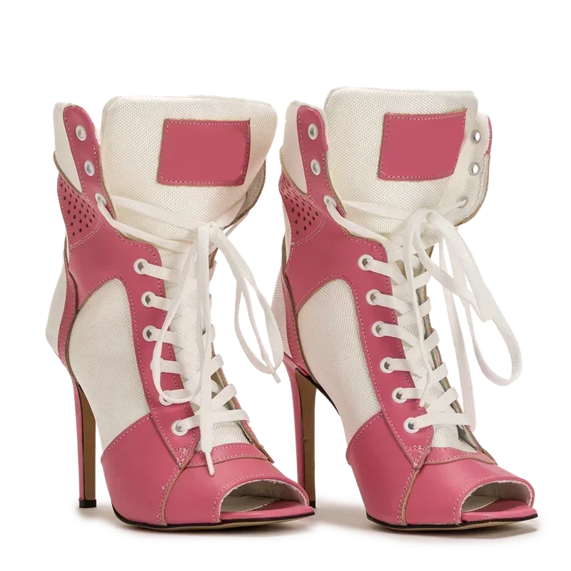 Peep Toe Corss Tied Patchwork Ankle Boots Sexy Square Toe Thick Heel New Arrivals Fashion Women Runway Shoes