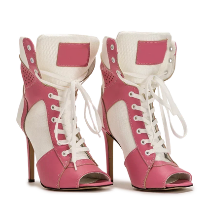 Peep Toe Corss Tied Patchwork Ankle Boots Sexy Square Toe Thick Heel New Arrivals Fashion Women Runway Shoes