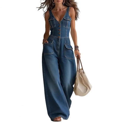 2026 Women Jumpsuit Jumpsuit Denim Jumpsuit for Women V Neck Wide Leg Rompers with Pockets Summer Vacation Outfits Jean Pants