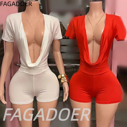 FAGADOER Sexy Solid Color Bodycon Jumpsuits for Woman Deep V-neck Short Sleeve One Piece Rompers Female Streetwear Overalls New