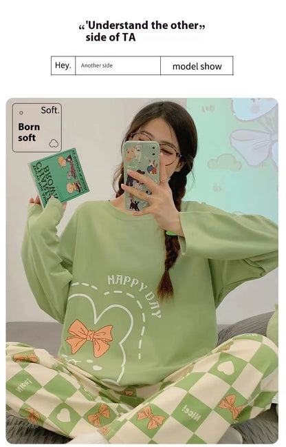 Spring and Autumn New Women's Pajamas Homewear Suit Girls Thin Section Long-Sleeved Students Big Yards Cartoon Loose Pajamas