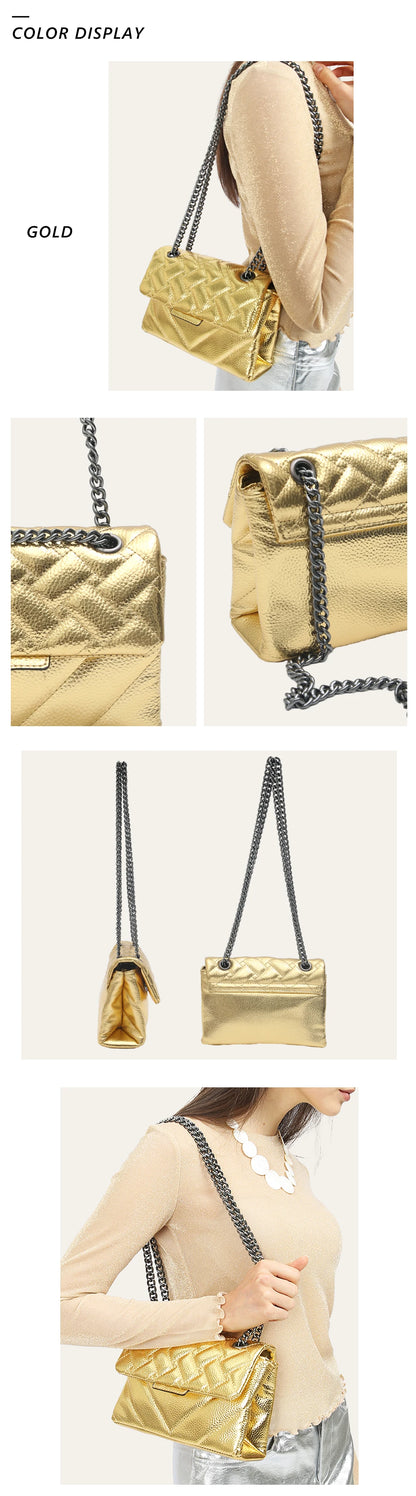 Women Fashion Metallic PU Vegan Leather Handbag Luxury Quilted Flap Messenger Shoulder Bag Long Chain Purse Daily Casual Travel