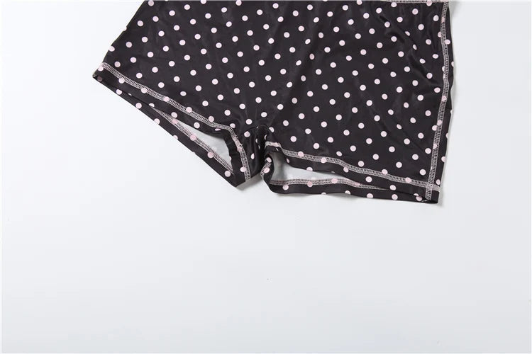 Kliou Polka Dot Print 2 Piece Set Woman Zip Turtleneck Short Sleeve Crop Tops+Skinny Shorts Street Sexy Fashion Style Outfits