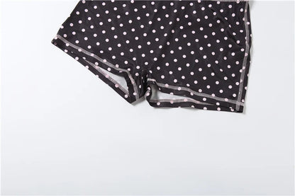 Kliou Polka Dot Print 2 Piece Set Woman Zip Turtleneck Short Sleeve Crop Tops+Skinny Shorts Street Sexy Fashion Style Outfits