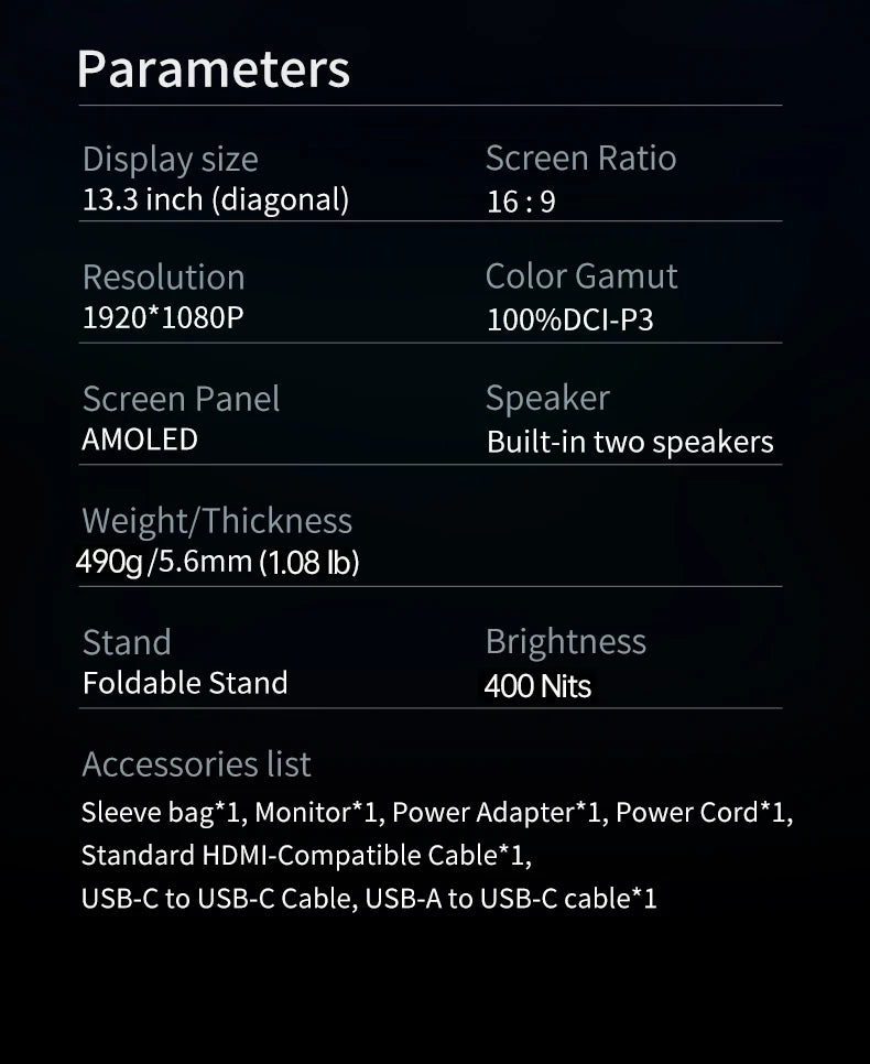 13.3'' AMOLED Portable Monitor OLED Screen 100%DCI-P3 One Cable USB-C Travelling Display On The Go for Office Laptop Mac Windows