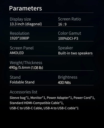 13.3'' AMOLED Portable Monitor OLED Screen 100%DCI-P3 One Cable USB-C Travelling Display On The Go for Office Laptop Mac Windows