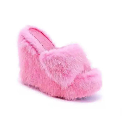 2026 Luxury New Women Feminine High Heeled Slippers Outdoor All-match Shoes Round Head Wedges With Mink Fur Femal Shoes