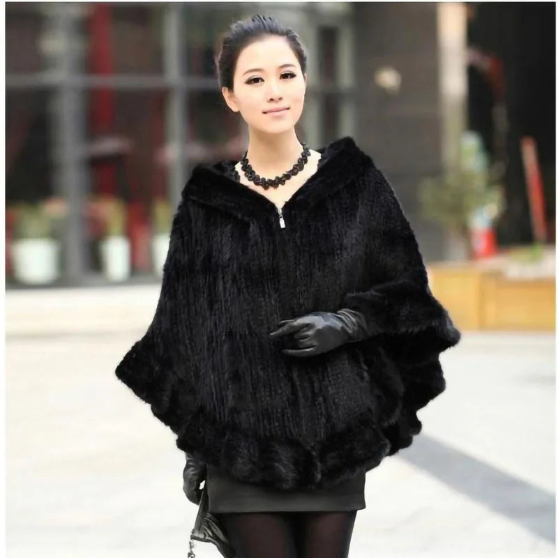 Fashion Women Fur Shawl Winter Knitted Real Mink Fur Stole With Fur Hood Knitted Mink Poncho Pashmina