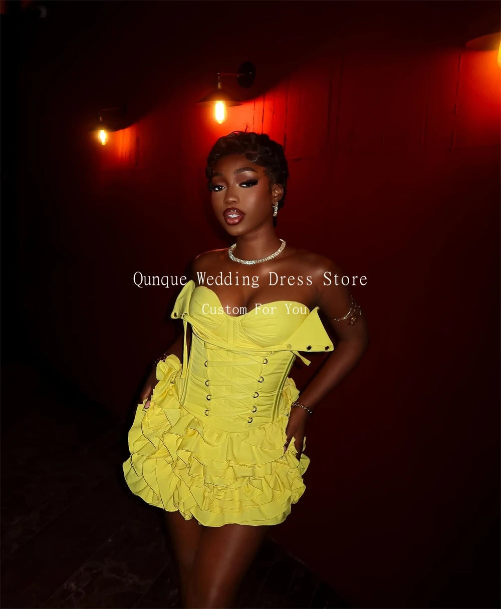 Qunque Yellow Birthday Dresses Black Girl Sweetheart Mini Prom Dresses Ruffles Wedding Party Dress Robes De Soirée Customized