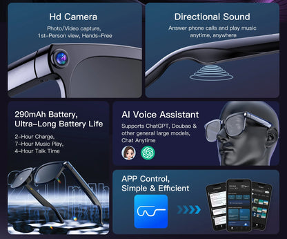 Smart Glasses IP65 Waterproof Connect To Mobile APP Video and Photo Translation AI Language Assistant Bluetooth Smart Glasses