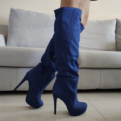 LAIGZEM Women Over Knee High Boots Denim Botas Mujer Platform High Heels Boots Unisex Ladies Shoes Woman Big Size 41 43 45 50 52