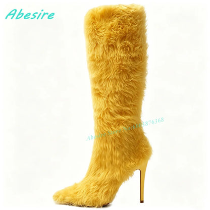 White Faux Fluffy Fur Knee High Boots Pointed Toe Stiletto Heels Side Zipper Women's Boots Spicy Girls Fashion Show Winter Shoes