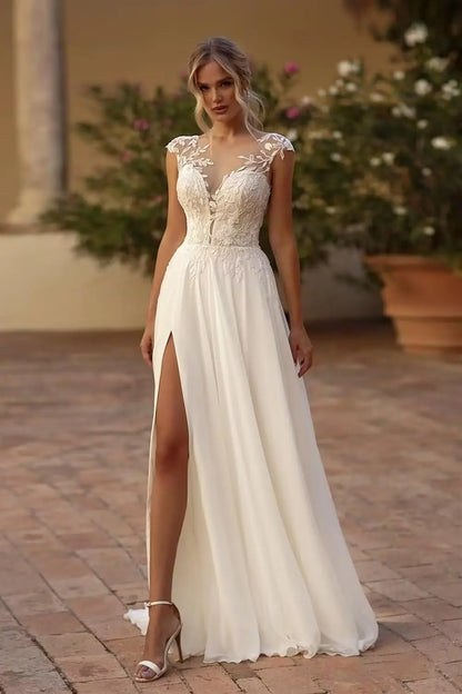 Elegant Chiffon Wedding Dresses for Bride Sheer Neck Illusion Bridal Party Gown with Slit Lace Applique Vestidos De Novia