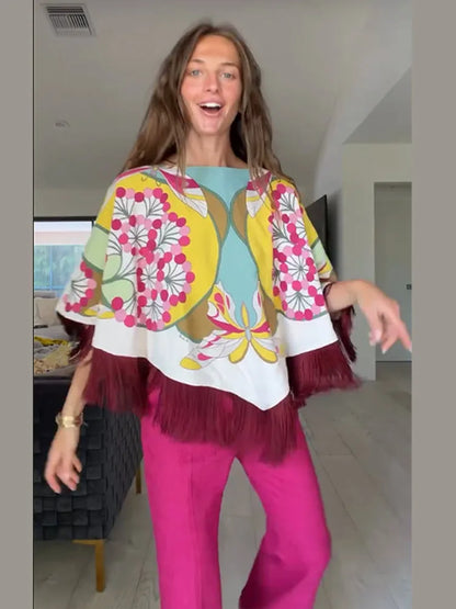 Elegant Printed Women's Shawl Fringed O-Neck Irregular Lady Cape 2026 Spring Summer Fashion Female Tassels Street Wear