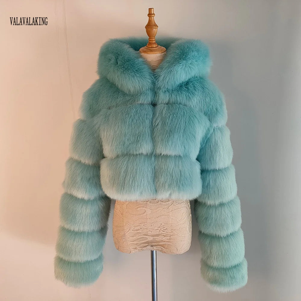 2026 Women Winter Plus Size Faux Fur Croped Coat Female Furry Hooded Long Sleeve Plush Jacket Lady Fake Fur Warm Fluffy Cardigan
