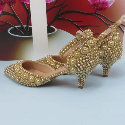Champagne Pearl Wedding Bridal Shoes Woman Fashion Thin Heel Party Dress Shoe Lace-up Pointed Toe High Handmade Ankle Strap Shoe