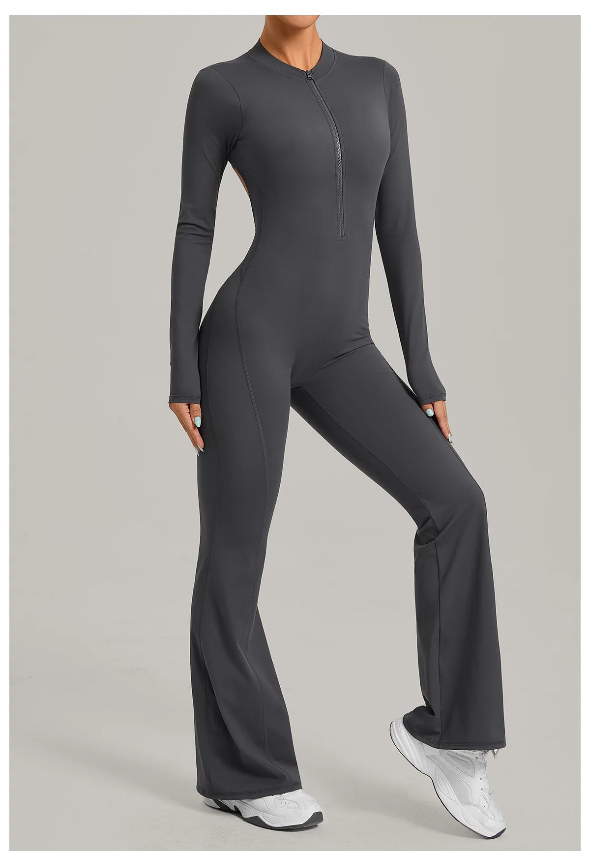 Women Long Sleeve Zip Yoga Bodysuit Cutout Back Scrunch Butt Lift Tummy Control Sweat Wicking Fabric Gym Workout Flare Jumpsuit